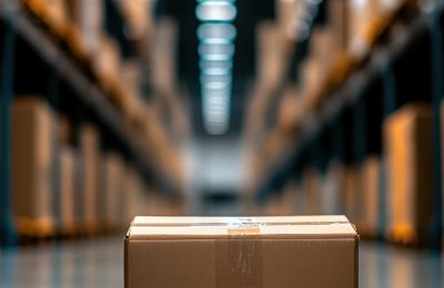 A cardboard box stands in the center of an empty warehouse, surrounded by rows and shelves filled with boxes. The focus is on the carton, which has bar-like creases, creating depth and perspective. In front of it, there's a blurred background that suggests other tall, abstract, impressionistic elements, a minimal concept with clean, sharp focus and soft lighting, photographed from an extreme low-angle shot on a Hasselblad camera. high quality photo, 8k --chaos 10 --ar 9:16 --style raw --profile qb43wh3 --stylize 200 --v 6.1 Job ID: 30157522-8432-4984-93be-4186a25d5c51