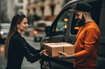 Female hand receiving a box from the delivery person, online delivery person